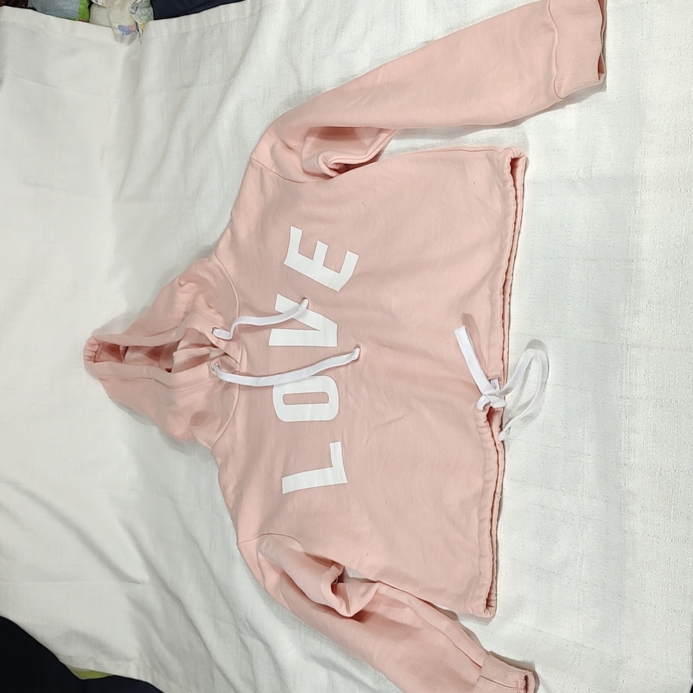 Reflex Light Pink Crop Top Hoodie Long Sleeve Love Sweater Size Large